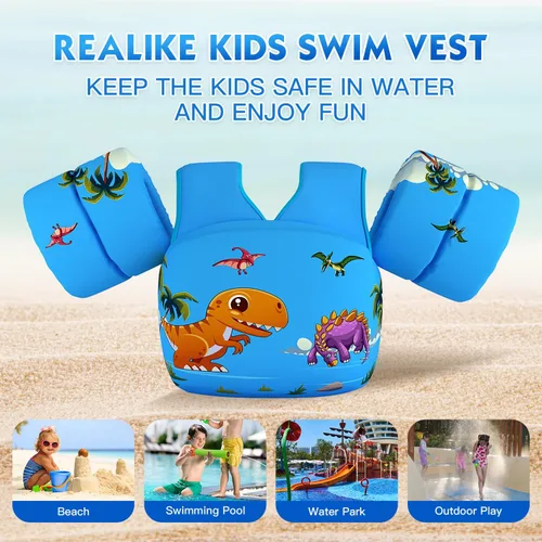 Miniatura 3 de REALIKE Chaleco de natación para niños pequeños, flotadores, ayudas de natación con arnés de hombro, alas de brazo para niños/bebés/bebé, playa