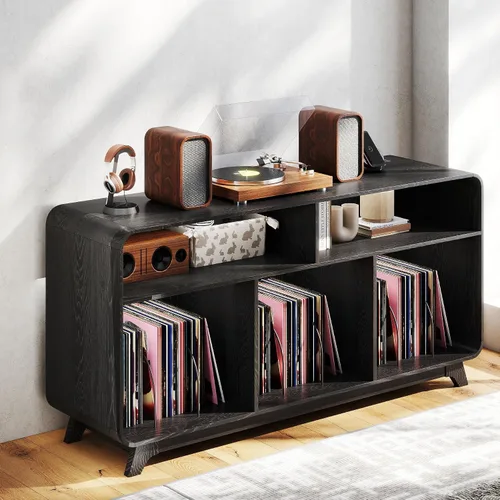 Miniatura 8 de Soporte para tocadiscos con armario de almacenamiento de vinilo con estación de carga y puertos USB, mesa giratoria con capacidad para hasta 350