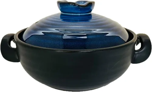 Olla de cerámica y arcilla, donabe japonés, cazuela china/olla de tierra, olla de cocina con tapa, vapor pequeño, azul, 2.6 cuartos de galón