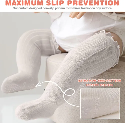 Miniatura 2 de Calcetines hasta la rodilla para bebé niña, calcetines antideslizantes para niños pequeños, tubo con volantes, uniforme para recién nacidos, 5 pares