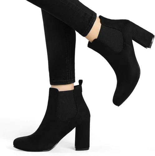 Miniatura 2 de Allegra K Botas Chelsea de tacón alto grueso con punta redonda para mujer