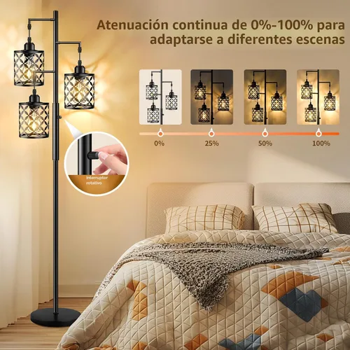 Miniatura 3 de Lámpara de pie regulable, lámpara de pie de granja con elegante jaula de metal, lámparas de pie industriales de árbol alto para sala de estar, Negro