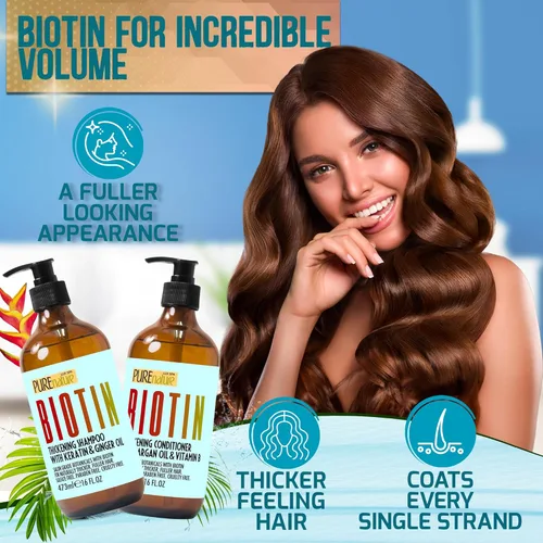 Miniatura 3 de Set de champú y acondicionador de biotina - Fórmula que aumenta el volumen para hombres y mujeres para ayudar con el cabello que se adelgaza - Sin