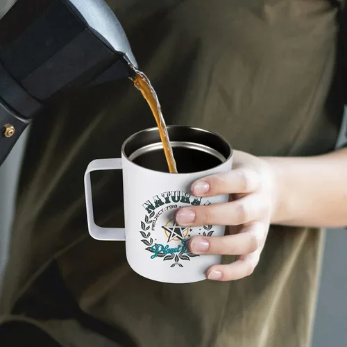 Miniatura 7 de 4 vasos de sublimación en blanco delgado de 12 onzas con mango blanco de doble pared de acero inoxidable taza recta para café con tapa deslizante