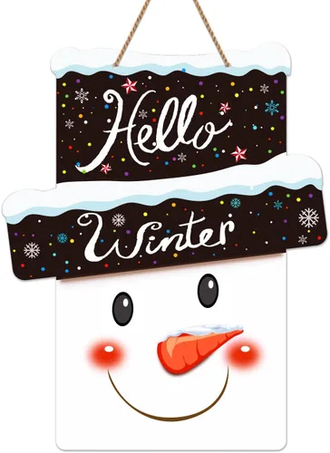 D4DREAM Letrero de bienvenida con texto en inglés «Hello Winter» para puerta delantera, Navidad, invierno, bienvenida, coronas, colgador, para