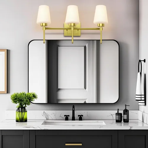 Miniatura 8 de Lámpara de baño de latón cepillado, 3 luces de 24 pulgadas, aplique de pared moderno con pantalla de vidrio para sobre el espejo, clasificación
