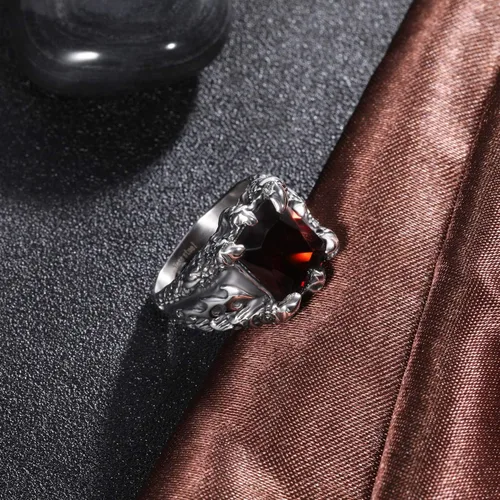 Miniatura 2 de Somen, anillo de acero inoxidable de hombre estilo gótico, con diseño de garra de dragón con piedra roja