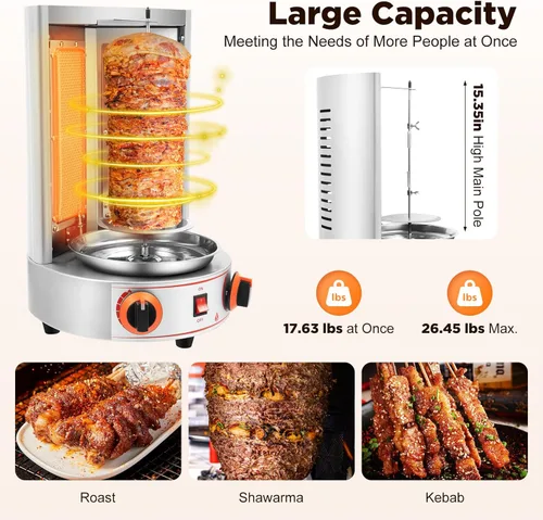 Miniatura 3 de Máquina de Asador de Shawarma Eléctrica Weglae, Asador Vertical de Acero Inoxidable, Máquina de Barbacoa Comercial, Máquina Rotisserie de Encimera