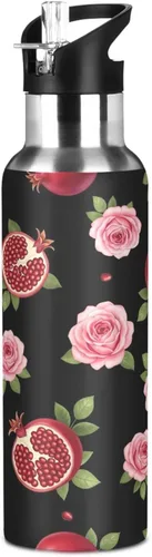 Miniatura 8 de Pink Roses Black Insulated Stainless Steel Water Bottle with Straw 32 Oz Leakproof Water Bottles, BPA-Free Sport Water Bottle