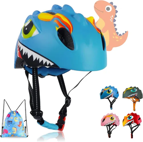 Casco de bicicleta para niños y niñas de 3, 4, 5, 6 años, con dinosaurio 3D, ligero, certificado de seguridad, para niños pequeños, ciclismo, Azul