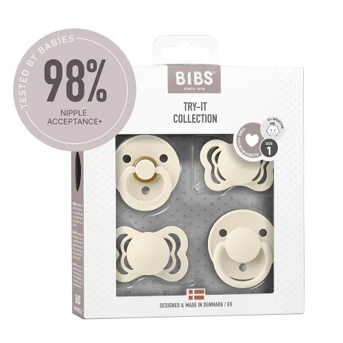 BIBS Colección Try-It | Paquete de 4 chupetes | Pezón redondo, anatómico y simétrico sin BPA, látex de goma natural y silicona, fabricado en