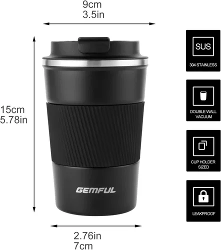 Miniatura 2 de GEMFUL Taza de viaje de café a prueba de fugas con tapa, 13 onzas, aislada al vacío, de acero inoxidable, vaso de café a prueba de derrames