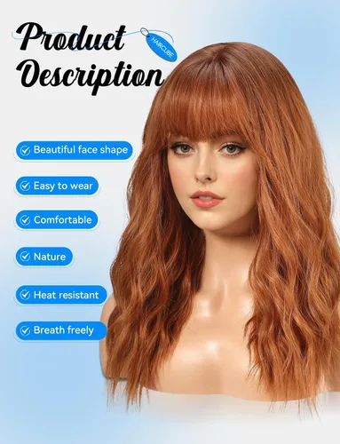Miniatura 2 de HAIRCUBE Peluca larga con flequillo, pelucas sintéticas onduladas para mujer, color castaño rojizo