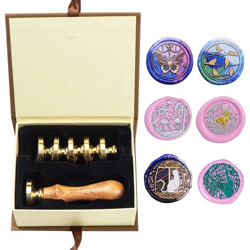 Miniatura 37 de Juego de sellos de cera de animales con 7 cabezas de latón extraíbles y 1 mango de madera, sello de cera retro para gatos, pájaros, mariposa, abeja