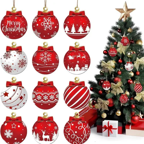 12 adornos de madera para árbol de Navidad, decoración de árbol de vacaciones de invierno, decoración de árbol de Navidad roja y blanca, diseño de