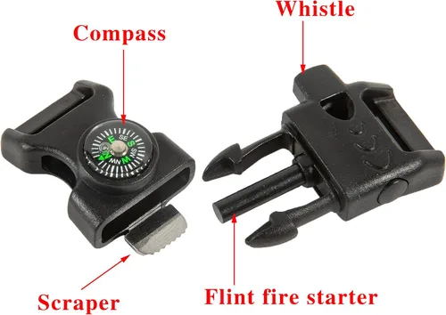 Miniatura 3 de 10 hebillas de silbato de emergencia vienen con brújula, arrancador de fuego y raspador de pedernal para acampar al aire libre, pulsera