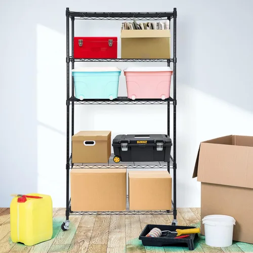 Miniatura 2 de ZENY Estantería resistente de 5 estantes con ruedas, organizador de metal para cocina, oficina, garaje, color negro