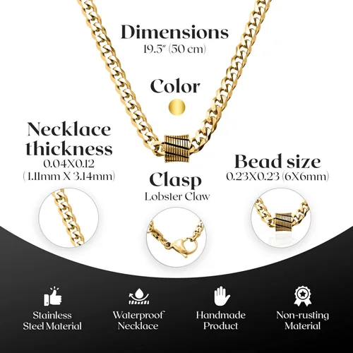 Miniatura 4 de Galis Classic Chains For Men - Cuban Link Chain with Small Bead Pendant, Diamond-Cut Stainless Steel, Waterproof Silver Plated Men's Necklace, Gold