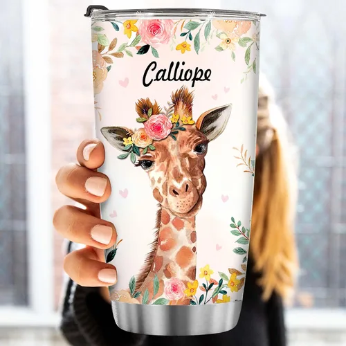 Miniatura 4 de BECHUSKY Vaso de acero inoxidable personalizado con aislamiento al vacío de flores de jirafa con tapa Just A Girl Who Loves Giraffes, taza de café