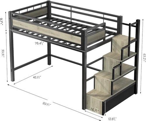 Miniatura 2 de Cama alta individual con escaleras, cama alta de metal resistente con almacenamiento y espacio debajo de la cama, más estable y segura