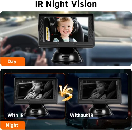 Miniatura 6 de VECHTEL Cámara de coche para bebé HD con orientación trasera para bebé con monitor de 4.3 pulgadas, visión nocturna IR, gran angular, fácil