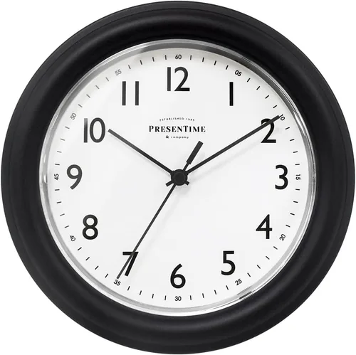 PresenTime & Co. Reloj de pared moderno de 8.5 pulgadas, silencioso, sin tictac, color negro. (reloj de pared para oficina, hogar, baño, cocina,