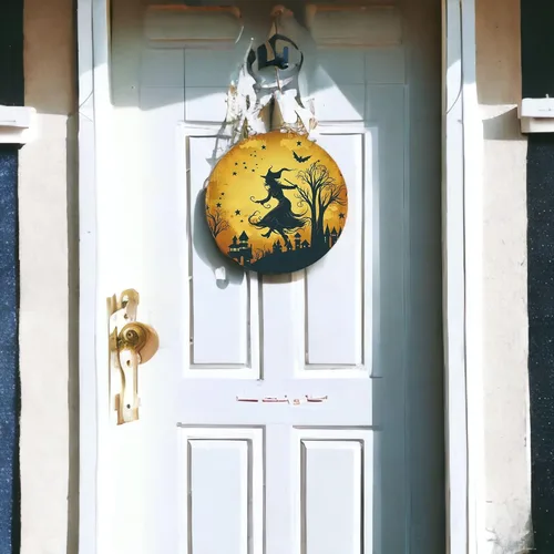 Letrero plano de corona de bruja de Halloween de 12 pulgadas, decoración de puerta de octubre, decoración de pared de granja, arte para decoración