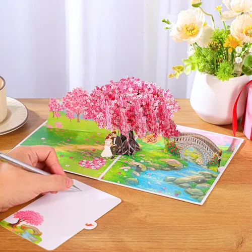 Miniatura 7 de Tarjetas de aniversario desplegables, flores de cerezo en 3D y pareja enamorada, San Valentín, tarjetas de boda para esposa, marido, ella, él