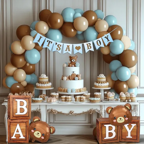Miniatura 4 de Decoraciones de oso para baby shower, 80 globos, 4 bloques de grano de madera con letra, telón de fondo con texto en inglés "We can bearly wait