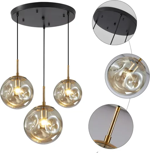 Miniatura 7 de BOKT Lámpara Colgante de Globo de Vidrio Ámbar de 3 Luces, Accesorio de Luz Colgante de Racimo Moderna de Mediados de Siglo, Luz Colgante Múltiple