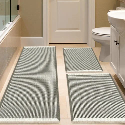 Miniatura 94 de IM HOME Tapete de baño de punto gofre, color caqui, de 24 x 17 pulgadas, tejido bohemio, moderno, absorbente, antideslizante, suave, lavable