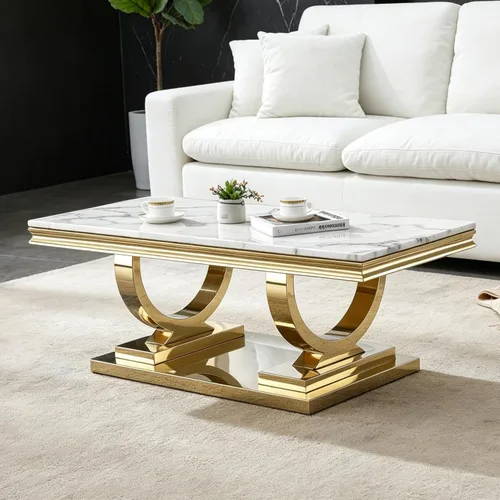 Miniatura 20 de Mesa de centro de mármol negro Henf de lujo, mesa auxiliar rectangular de mármol sintético de imitación con base de acero inoxidable dorado