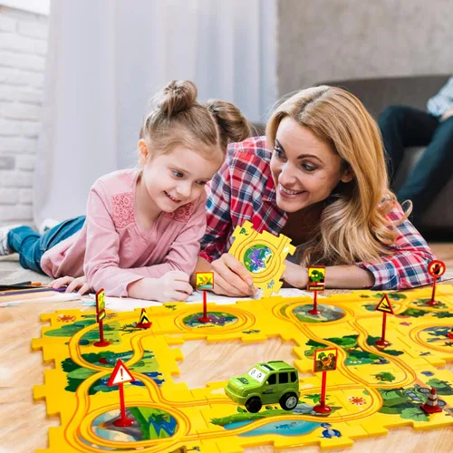 Miniatura 6 de Regalo de Cumpleaños para Niño de 4 Años, Set de Pista de Carros Rompecabezas para Niños con Mapa de Carretera, Set de Juego de Carros de Pista