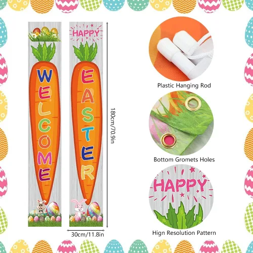 Miniatura 2 de 2 pancartas de tela para puerta de Pascua, huevos de Pascua, zanahoria, conejo, conejo, puerta colgante, porche, bandera colgante de bienvenida