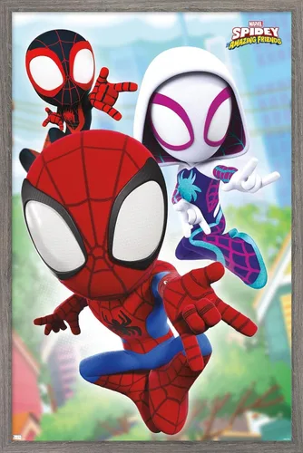 Trends International Marvel Spidey and His Amazing Friends - Póster de pared Webs, 14.72 x 22.37 pulgadas, versión enmarcada de madera de granero