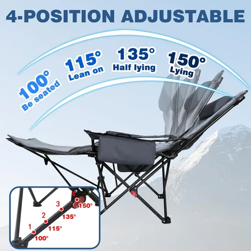 Miniatura 5 de Silla de camping reclinable de 4 posiciones con reposapiés, cómoda para adultos, tumbona plegable de 265 libras, silla de playa de malla con bolsa