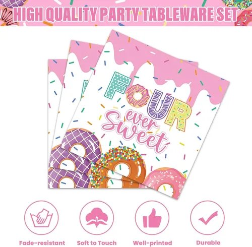 Miniatura 4 de 96 piezas de decoración de fiesta de cumpleaños de dona para el cuarto cumpleaños para 24 invitados Cuatro dulces platos de papel de dona
