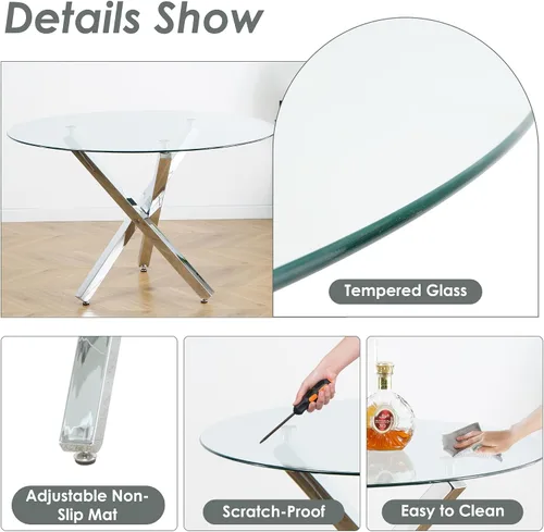 Miniatura 6 de Juego de mesa de comedor redonda de cristal moderno de mediados de siglo para 4, juego de vajilla circular de lujo plateado de 5 piezas, juego