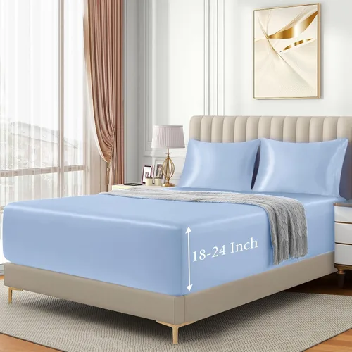 Miniatura 4 de VACVELT Sábana bajera ajustable de satén con bolsillo extra profundo, tamaño matrimonial, color azul bebé, juego de ropa de cama sedosa y 2 fundas