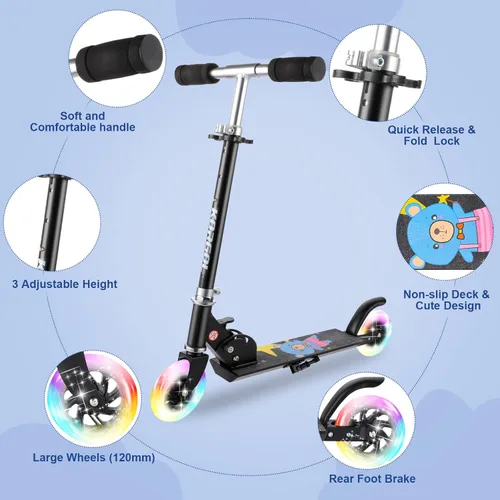 Miniatura 4 de Patinete para niños de 3 a 12 años – Patinete para niños con ruedas de luz LED y manubrio ajustable de 3 niveles, ligero y plegable de 2 ruedas