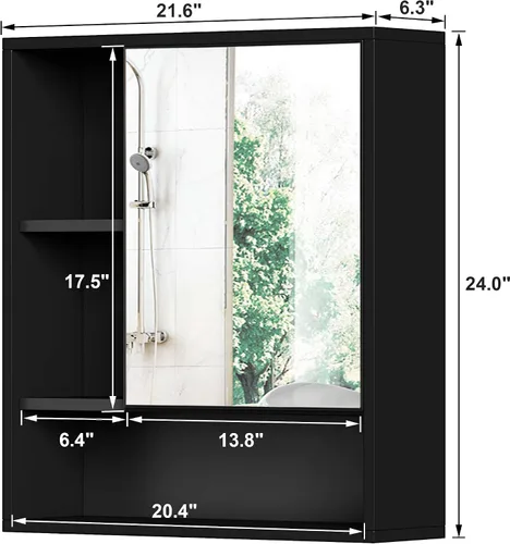 Miniatura 3 de ChooChoo Armario con espejo de pared para baño, botiquín con puerta única y estante ajustable, gabinete de almacenamiento para ahorrar espacio sobre
