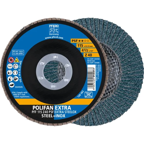 PFERD POLIFAN® Disco Flap 4-1/2" x 7/8" Plano PSF-Extra, Circonita, Grano 40 (Paquete de 1) - Parte 60458