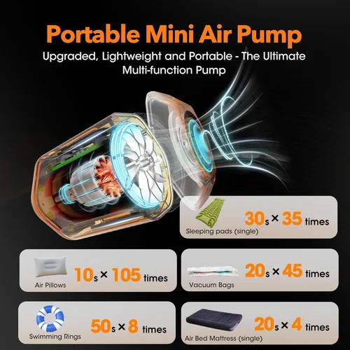 Miniatura 8 de Bomba de aire portátil 4.2kPa Bomba de aire para inflables recargable GIGA PUMP 4 con luz de campamento Ultra Air Colchón Bomba Naranja