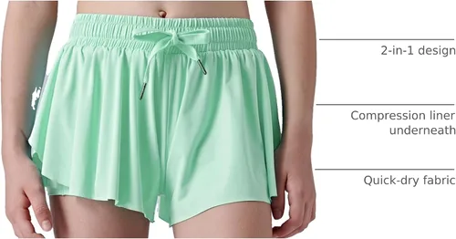 Miniatura 26 de Paquete de 3 pantalones cortos fluidos para niñas con forro de elastano, 2 en 1, faldas de mariposa para jóvenes, para fitness, correr, deportes