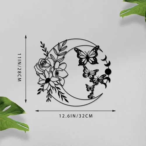 Miniatura 2 de ruelen Decoración de pared de metal con diseño de mariposa y luna, arte de pared bohemio floral para colgar en la pared en el hogar