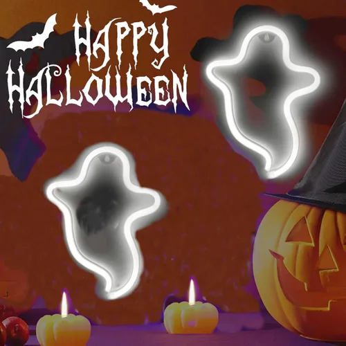 Miniatura 2 de Letreros LED de neón de fantasma, lámpara de noche decorativa de terror, funciona con pilas, luces góticas inalámbricas, decoraciones de Halloween