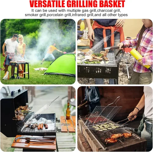 Miniatura 5 de Cestas de parrilla de pescado para asar al aire libre, barbacoa plegable de acero inoxidable, accesorios de parrilla con mango extraíble, cesta