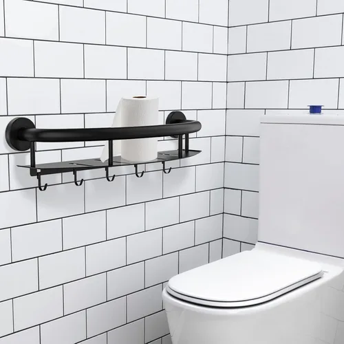 Miniatura 6 de Barra de Agarre para Ducha Negra con Estante de 18 Pulgadas, Zepolu Estante para Champú de Acero Inoxidable con Barra de Agarre, Estantes de Baño