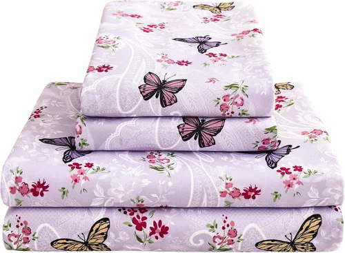 Juego de sábanas con estampado floral Paisley para cama tamaño queen, sábanas impresas con flores púrpuras para cama tamaño queen, sábana ajustada
