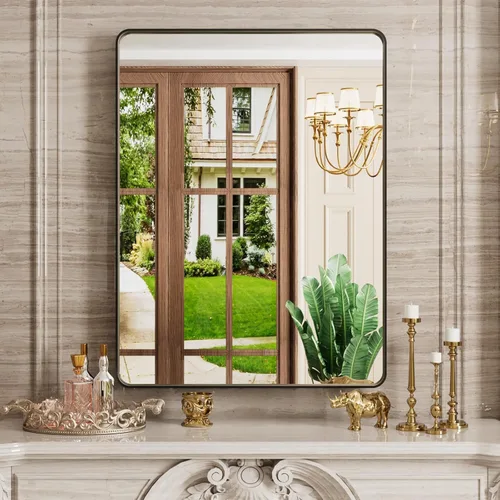 Miniatura 4 de JISOSO - Espejo de baño negro de 20x30 pulgadas con marco de metal negro, espejo de tocador rectangular redondeado con acabado mate para pared
